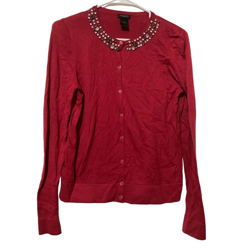 Ann Taylor Womens Cardigan Sweater Red Long Sleeve Jewel Neck‎ Rhinestone Knit S